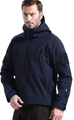 FREE SOLDIER Giacche Militari Softshell da Uomo Fodera in Pile da Esterno Giacca Antivento Impermeabile con Cappuccio Giacche tattiche Calde Multitasche per Escursioni di Caccia (Blu Navy,XL)