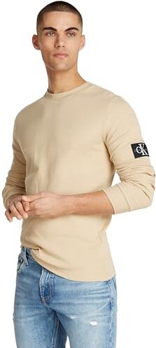 Calvin Klein Badge Waffle LS Tee J30J323485 Top in Maglia a Maniche Lunghe, Kaki (Pale Khaki), S Uomo