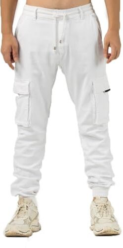 TONY BACKER Pantaloni Cargo Uomo Leggero in Cotone Multitasche Casual di Tela Stretch Materiale con Tasche Laterali 7905 (IT, Numero, 36, Regular, Regular, BIANCO-06N)