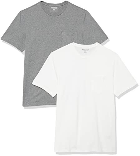 Amazon Essentials T-Shirt Girocollo con Tasca a Maniche Corte Slim Uomo, Pacco da 2, Grigio Puntinato/Bianco, L