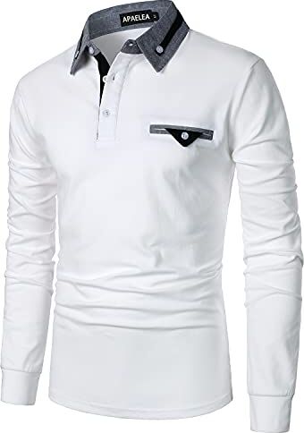 APAELEA Polo da Uomo a Manica Lunga Contrasto Formale Cotone Magliette Tennis Golf T-Shirt,Bianco,S