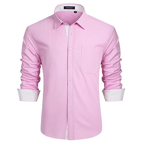 HISDERN Rosa Camicia Formale Elegante da Uomo Maniche Lungo Vestibilita Regolare Casual Matrimonio Business Camicia Abito Classico Abbottonato Shirt