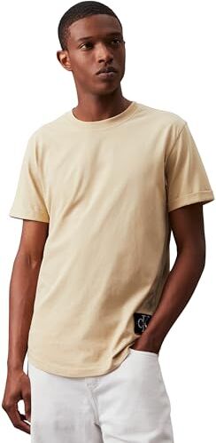 Calvin Klein Badge Turn UP Sleeve J30J323482 Top in Maglia a Maniche Corte, Kaki (Pale Khaki), XL Uomo