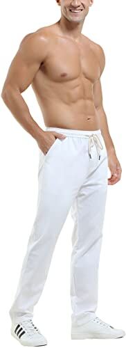 HOEREV Pantaloni Casual da Uomo in Lino,Bianco,XXX-Large