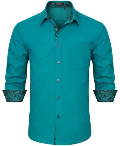 HISDERN Camicia da uomo, vestibilità normale, formale, per il tempo libero, a maniche lunghe, da uomo, classica, con tasca, blu-verde, L