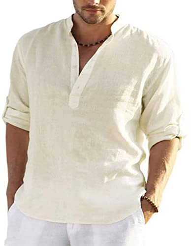 PADOLA Camicia in Lino Uomo Camicie Slim Fit Elegante Bianco Camicia Estiva Estate Maniche Lunghe Casual(XL,Albicocca)