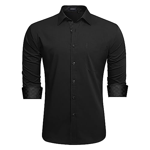 HISDERN Camicie da uomo a maniche lunghe formali casual business camicie per uomo vestibilità regolare button down camicia da lavoro per feste di nozze con tasche, Nero-1, XXL