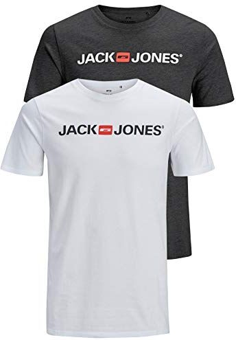 Jack & Jones Maglietta da Uomo con Logo JJECORP, 2 Pezzi Confezione da 2 Pezzi Multicolore (Dark Grey Mel./White). XL