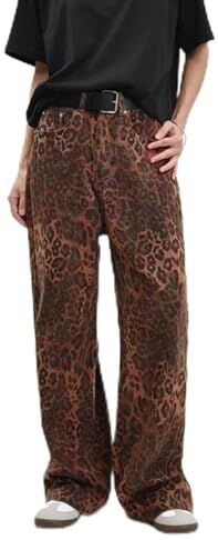 Generic Jeans con Leopardo Marrone Chiaro da Donna e da Uomo Pantaloni da Donna Oversize a Gamba Larga Pantaloni da Strada Stile Hip Hop Vintage in Cotone Largo Casual Pantaloni da Paracadute (Y01-Red, XXL)