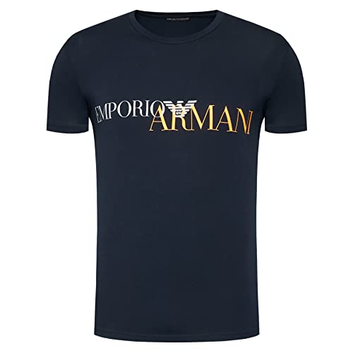 Emporio Armani T-Shirt Uomo 111035 0A516, Maglietta Manica Corta, Girocollo (Blu Scuro/Logo Arancione, L)