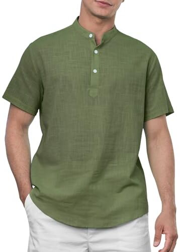 Enlision Uomo Camicia in Lino di Cotone Manica Corte Estiva Henley Shirt con Bottoni Casual Hawaii Maglietta in Tinta Unita Top da Uomo Army Verde XL