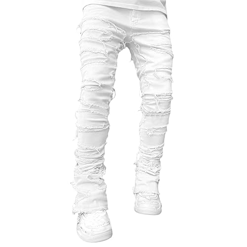 Geagodelia Jeans da Uomo Strappati Slim Fit Pantaloni in Denim Casual Hip-Hop per Uomo Ragazzo S-XXL Regalo (Bianco, XXL)