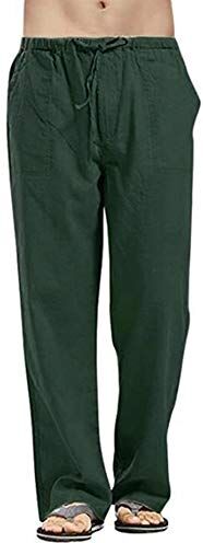 VANVENE Pantaloni da uomo in lino, vestibilità ampia, casual, leggeri, con coulisse, da spiaggia e da yoga, Verde scuro, XXXXL