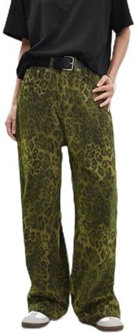 Generic Jeans con Leopardo Marrone Chiaro da Donna e da Uomo Pantaloni da Donna Oversize a Gamba Larga Pantaloni da Strada Stile Hip Hop Vintage in Cotone Largo Casual Pantaloni da Paracadute (Y03-Green, XXL)