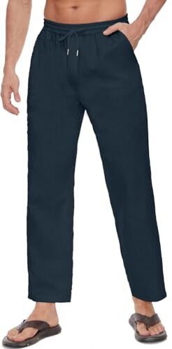 Yutdeng Pantaloni da Uomo Estivi Casual Spiaggia Vacanze Pantaloni Larghi in Cotone e Lino Pantaloni con Tasche e Coulisse Leggeri e Traspiranti Pantaloni Elastico Pants,Blu Navy,L