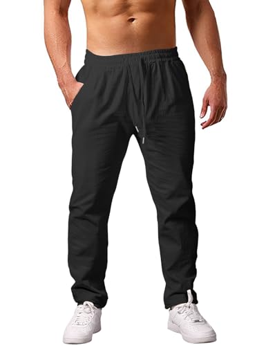 heekpek Pantaloni Uomo Casual Cotone Pantaloni Estivi Uomo Comodi Pantaloni con Tasconi Uomo per Spiaggia, Nero, XXL