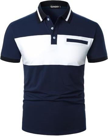 QUNERY Polo Uomo Manica Corta Contrasto Casual Poloshirt Basic Traspirante Golf Polo Shirt Blu Navy e Bianco XXL