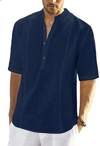 Meilicloth Camicia Lino Uomo Coreana Cotone Manica Corta Estiva Henley Casual con Bottoni Regular Fit Blu Navy M