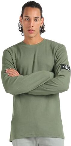 Calvin Klein Badge Waffle LS Tee J30J323485 Top in Maglia a Maniche Lunghe, Verde (Dusty Olive), XS Uomo