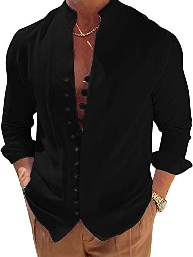 Puimentiua Camicia Lino Uomo Elegante Camicia Estiva Maniche Lunghe Camicia Coreana Uomo Tinta Unita Vacanze Beach