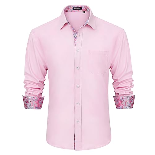 HISDERN Camicia Maniche Lunghe Uomo Slim Fit Casual Camicie Regolare Shirt Formale Camicia Rosa L