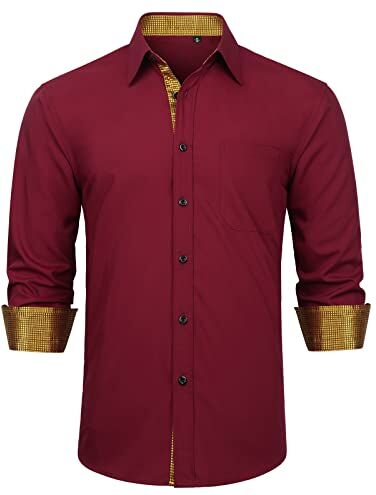 Enlision Camicie da Cerimonia Uomo Manica Lunga Bordeaux Formale Camicia Classiche Bottonato Contrasto Casual Camicie Facile Stiro S