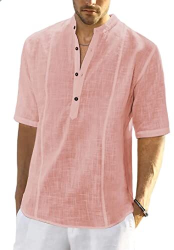 Meilicloth Camicia Lino Uomo Coreana Cotone Manica Corta Estiva Henley Casual con Bottoni Regular Fit Rosa XL