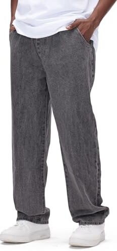 GINGTTO Pantaloni di Jeans Larghi da Baggy Uomo Loose Fit Denim Ampia Larga Casual Grigio 32