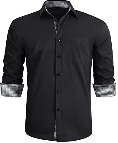 HISDERN Camicie da Uomo Nere Formali Manica Lunga vestibilità Regolare Casual Formale Colletto Classico Button Down Plaid Pied de Poule Camicia da Festa di Nozze