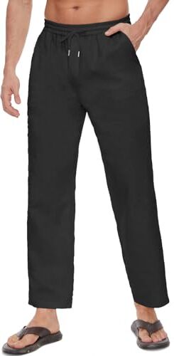 CheChury Pantaloni Lino Uomo Estivi Casual Loose Pantaloni Traspirante Lungo Leggero Estivo Slim Elastic con Comodo Cordoncino per Le Vacanze e la Spiaggia