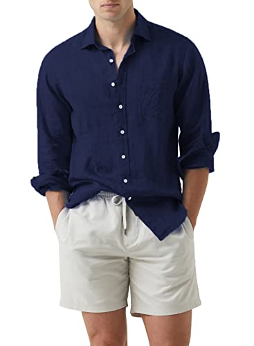 APOONABA Uomo Camicia in Lino Manica Lunga Cotone Shirts Tinta Unita Business Camicia Casual Classiche Shirt Molla Autunno Estate Blu XL