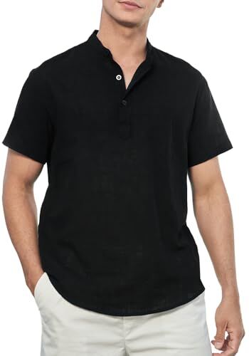 Enlision Camicia Nero Uomo Maniche Corte Collo in Piedi Coreana Moda Henley Shirt Casual Camicie Lino Cottone in Tinta Unita Maglietta Spiaggia M