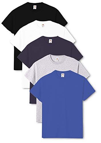Fruit of the Loom Valueweight maglietta a maniche corte (confezione da 5) da uomo, nero/bianco/blu marino/grigio cinato/blu royal., XXL