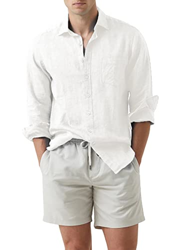 APOONABA Uomo Camicia in Lino Manica Lunga Cotone Shirts Tinta Unita Business Camicia Casual Classiche Shirt Molla Autunno Estate Bianco L