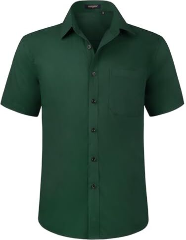 HISDERN Camicia Verde Scuro da Uomo a Maniche Corte Camicia Elegante da Uomo vestibilità Regolare Camicia Estiva Solida con Tasca sul Petto,L