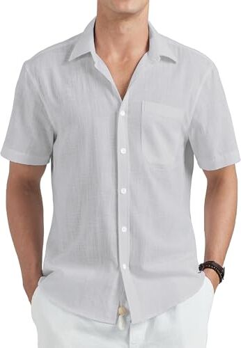 HISDERN Camicia Lino Uomo Manica Corta Casual Estate Lino Cotone Camicie per Spiaggia Vacanza Camicia con Bottoni Tasca Regular Fit Grigio Chiaro XL