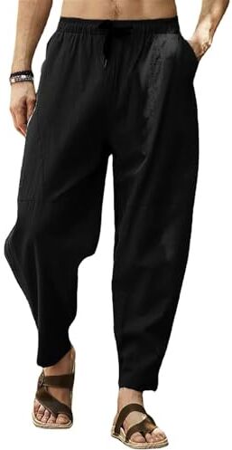 CheChury Pantaloni Lino Uomo Estivi Casual Pantaloni Elasticizzati Leggeri da Yoga Casual Pantalone vestibilità Larga Elasticizzati con Coulisse Pantaloni a Gamba Dritta per Spiaggia Turismo