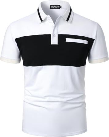 QUNERY Polo Uomo Manica Corta Contrasto Casual Poloshirt Basic Traspirante Golf Polo Shirt Bianco e Nero M