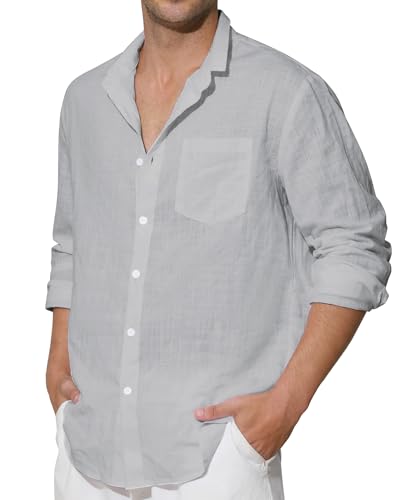 Enlision Camicia Lino Uomo Manica Lunga Estiva Camicie Grigio Chiaro Collo Coreana di Cotone Henley Shirts a Bottoni Tinta Unita Elegante Casual 2XL