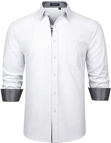 Enlision Camicia Bianca Uomo Manica Lunga Formale Classico Camicie Casual Abbottonato Contrasto Cotone Camicia Regular Fit Facile Stiro Nozze L