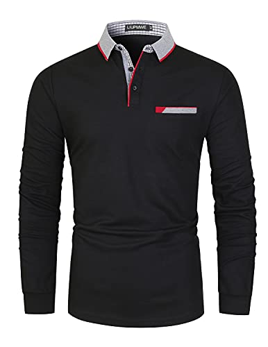 LIUPMWE Polo Uomo Manica Lunga in Cotone Basic Golf T-Shirt Clasic Plaid Cuciture Inverno,a-nero01,XL