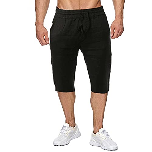 U/D Pantaloncini da spiaggia estivi da uomo in lino casual dalla vestibilità classica con coulisse (S, Black)