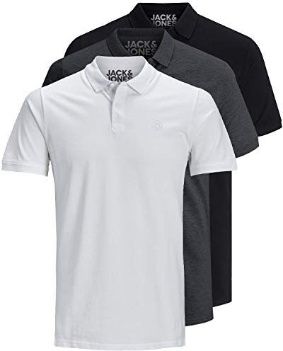 Jack & Jones Confezione da 3 polo da uomo slim fit, a maniche corte, colore nero, bianco, blu, grigio, taglie: XS, S, M, L, XL, XXL, XL