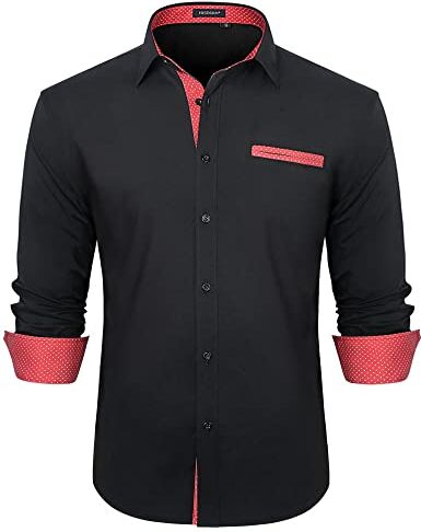 HISDERN Camicia Uomo Elegante Regular Fit Manica Lunga Camicie Casual Formale Classiche da Uomo Cerimonia Business,Nero E Rosso,S