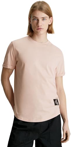 Calvin Klein Uomo T-shirt Maniche Corte Badge Turn Up Sleeve Scollo Rotondo, Rosa (Sepia Rose), L