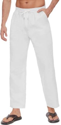 CheChury Pantaloni Lino Uomo Estivi Casual Loose Pantaloni Traspirante Lungo Leggero Estivo Slim Elastic con Comodo Cordoncino per Le Vacanze e la Spiaggia