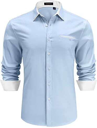 HISDERN Camicia da Uomo Abito Azzurre Casual Formale abbottonate Camicie a Maniche Lunghe Classica S