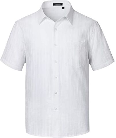 HISDERN Camicia Bianca da Uomo Maniche Corte Estiva Camicie Casual Spiaggia Vacanza Colore Solido Camicia Regular Fit con Tasca L