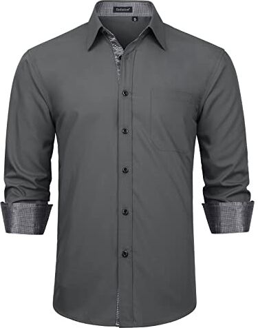 Enlision Camicia Grigia Uomo Manica Lunga Formale Eleganti Camicie Classico Abbottonato Contrasto Cotone Casual Camicia Facile Stiro 2XL