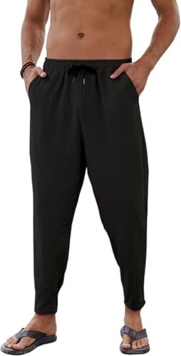 Yutdeng Pantaloni di Lino e Cotone per Uomo Estivi Pantaloni Harem Leggeri Casual Comodi Pantaloni Baggy Elastici in Vita con Quattro Tasche Pantaloni Yoga Hippies Spaiggia,Nero,M